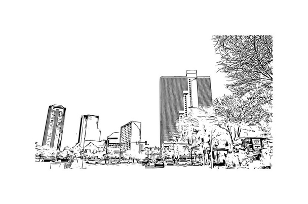 Print Вид на здание с достопримечательностью Форт-Уорт - город в северо-центральном Техасе. Ручной рисунок в векторе. - Вектор,изображение