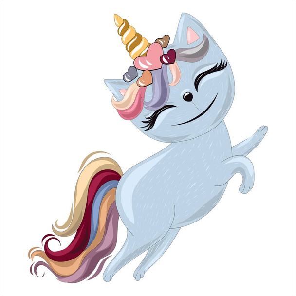 Cheerful cat unicorn with a rainbow tail on a white background. A cat's horn on its head and a rainbow on its tail. Vector illustration - ベクター画像