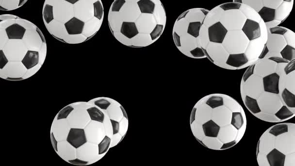 Fußballbälle gehen auf Alpha über. Fallende Kugeln füllen Bildschirm Composite Overlay - Filmmaterial, Video