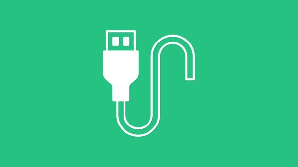 Icona cavo USB bianco isolato su sfondo verde. Connettori e prese per PC e dispositivi mobili. Animazione grafica 4K Video motion - Filmati, video