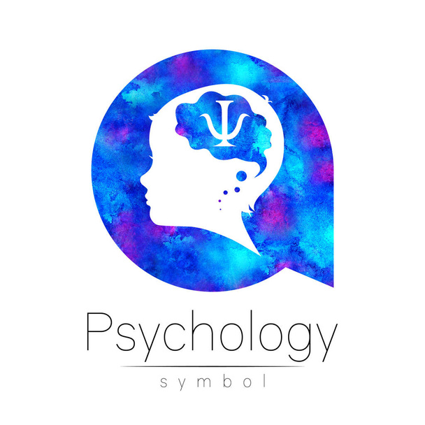 Child logotype with psychology sign in blue watercolor circle. Silhouette profile human head. Concept logo for people, children, autism, kids, therapy, clinic, education. Template isolated on white - Foto, imagen