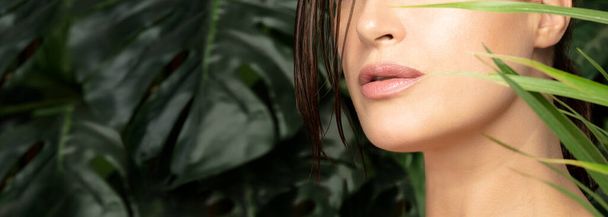 熱帯の新鮮な緑の葉の中で健康的な新鮮なきれいな肌を持つ美しい若い女性。天然有機化粧品と美容スキンケアのコンセプト. - 写真・画像