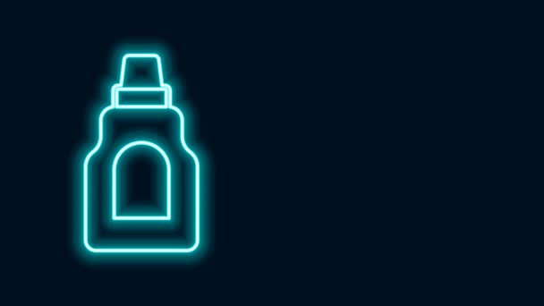Leuchtende neonfarbene Plastikflasche für Waschmittel, Bleichmittel, Spülmittel oder ein anderes Reinigungsmittel, isoliert auf schwarzem Hintergrund. 4K Video Motion Grafik Animation - Filmmaterial, Video