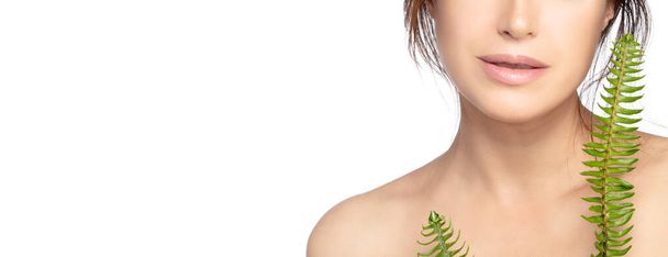 Jonge vrouw met een gezonde en frisse schone huid. Middelste gezicht portret van kale schouders brunette meisje met groene planten bladeren geïsoleerd op witte achtergrond. Schoonheidsverzorging en spa concept - Foto, afbeelding