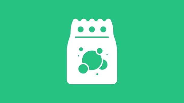 Белый стиральный порошок Laundry для автоматической стиральной машины иконка выделена на зеленом фоне. Видеографическая анимация 4K - Кадры, видео