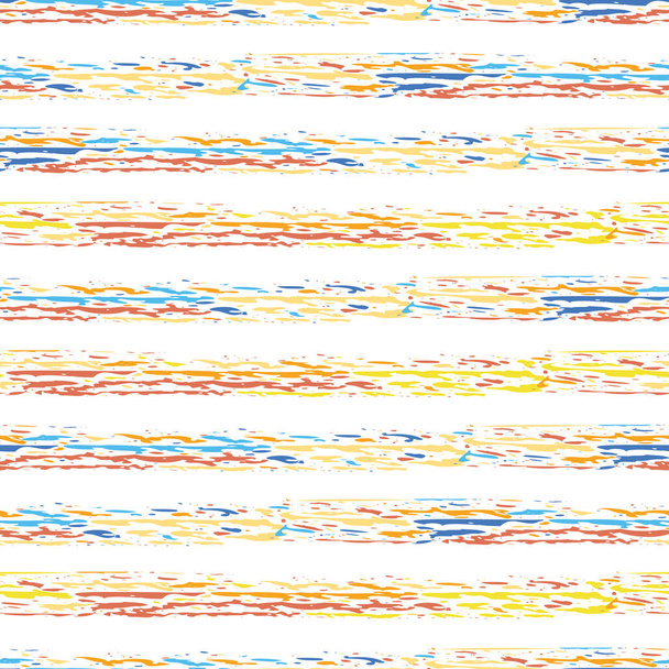 Linear geometric stripe seamless vector pattern background. Coarse painterly brush stroke striped backdrop. Fun yellow red blue painted horizontal stripes. Repeat for vacacation, wellness, summer - Vector, Image