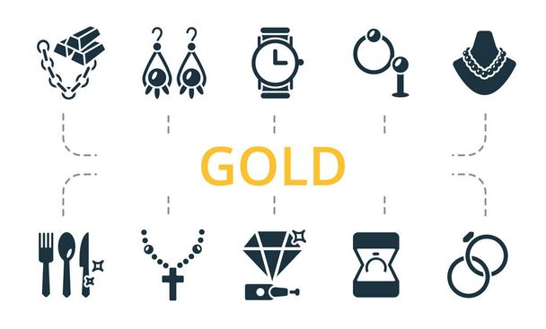 Gold icon set. Contains editable icons theme such as pearl necklace, drop earrings, religious jewelery and more. - Vector, Image