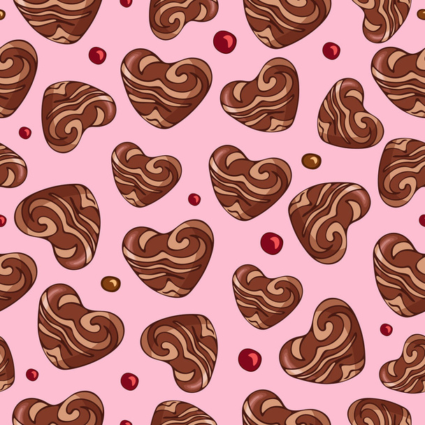 Płynny wzór wektorowy czekoladek, piernik w kształcie serca. Światowy Dzień Czekolady. Walentynki. Ilustracja deserowego jedzenia. Opakowanie, menu, książka kucharska, pocztówka, baner - Wektor, obraz