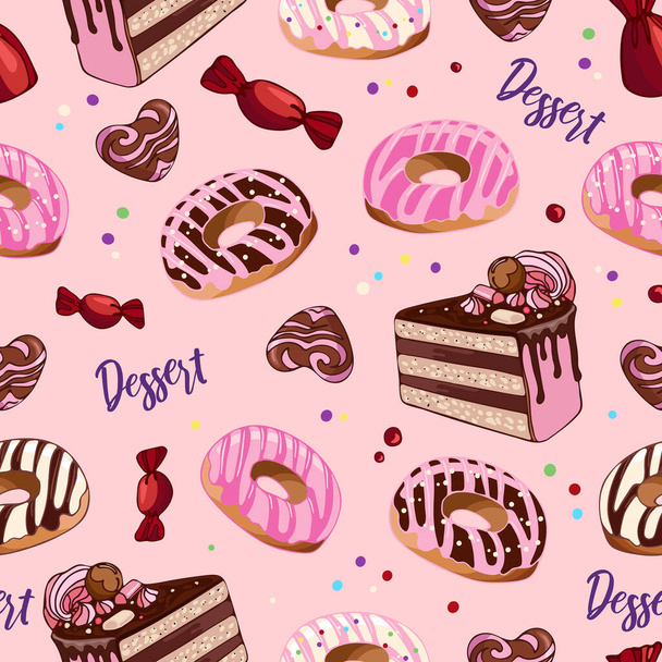 Seamless pattern donuts, chocolates, cake. Dessert food illustration. National Donut Day. Sweetest Day. International cake day. No Diet Day. For packaging, menu, cookbook, postcard banner - Vektor, kép