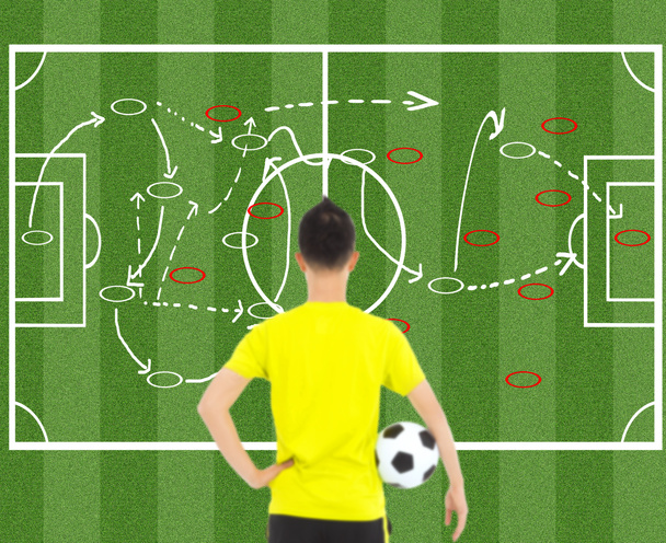 futbolista sosteniendo una pelota y pensando tácticas de ataque
 - Foto, Imagen