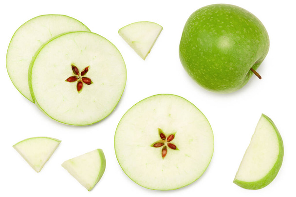 green apple with slices isolated on a white background. top view. clipping path - Foto, afbeelding
