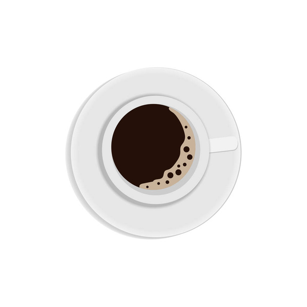 Weiße Kaffeetasse und Untertasse von oben. Becher schwarzen Kaffee mit Schaum. Flache Bauweise.  - Vektor, Bild