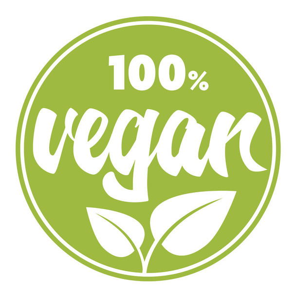 kerek zöld 100% vegán címke vagy matrica levelekkel - Vektor, kép