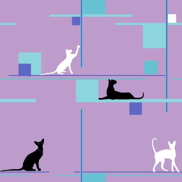 Kočky v různých pózách, siluety. Bezproblémový vzorec. Kočka leží, sedá si, protáhne se, syčí, hraje si, chodí. Půvabné zvíře. Použijte tištěné materiály, cedule, položky, internetové stránky, mapy, plakáty, pohlednice, - Vektor, obrázek
