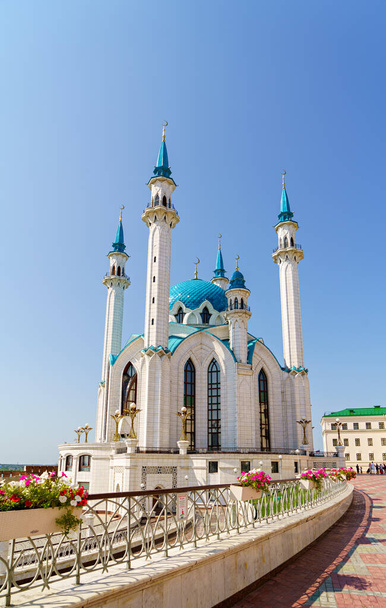 Kazan, Russia. Kul Sharif Mosque. A mosque on the territory of the Kazan Kremlin with blue minarets and a dome - Photo, Image