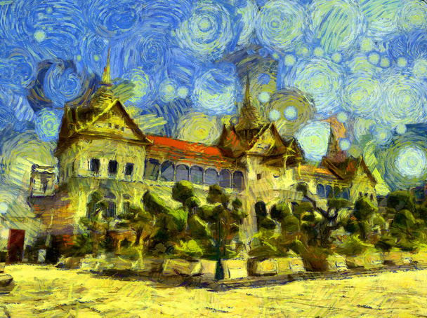 Το μεγάλο παλάτι wat phra kaew bangkok στην Ταϊλάνδη Εικονογραφήσεις δημιουργεί ένα ιμπρεσιονιστικό ύφος της ζωγραφικής. - Φωτογραφία, εικόνα
