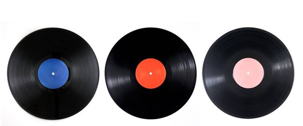 白を基調とした3枚の古いブラックレコード。LPビンテージ音楽プレイ - 写真・画像