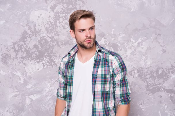 Going unshaven. Unshaven guy abstract background. Handsome man with unshaven face. Bachelor in plaid shirt. Unshaven look. Barbershop. Hair salon. Mens grooming habit. Cool boy - Fotoğraf, Görsel