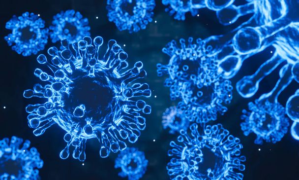 3D-Rendering-Mikroskopzellen Coronavirus 2019 schließt mit der Mikroskopie von Virenzellen, dem Konzept eines epidemischen Coronavirus, das für den Menschen gefährlich ist. Epidemische Gesundheitsrisiken - Foto, Bild