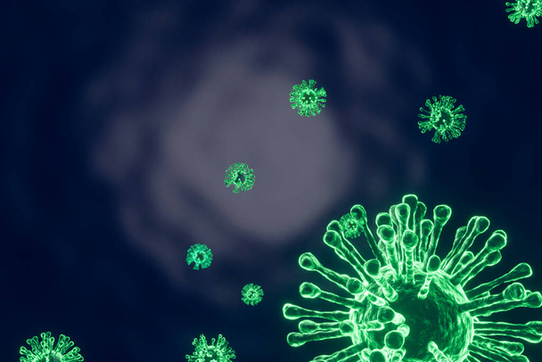 Renderización 3D Células del microscopio Coronavirus 2019 se cierra, mirando la microscopía de las células virales, el concepto de un coronavirus epidémico que es peligroso para los seres humanos. Riesgos sanitarios epidémicos - Foto, Imagen