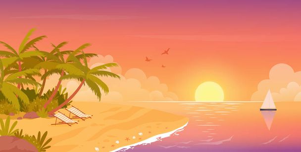 Spiaggia calmo tramonto, viaggi tropicali vacanza in estate isola tropicale paesaggio balneare - Vettoriali, immagini