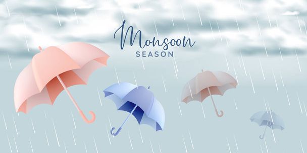 Pastel renk şeması ve kağıt sanat tarzı illüstrasyon ile muson sezonu için sevimli şemsiye - Vektör, Görsel