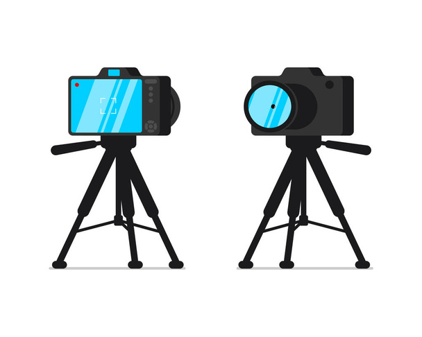 SLR camera on tripod stand front and back view set. Digital photocamera on rack. Videographer or photographer equipment kit with lens on stationary holder. Professional stable photo video device - Vector, Image