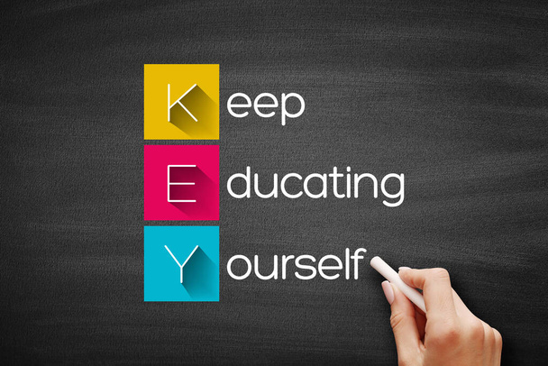 KEY - Keep Educating Yourself acronym, education concept background on blackboard - Zdjęcie, obraz