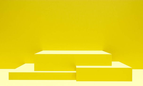 Szene mit gelbem Farbpodest für Mock-up-Präsentation im Minimalismus-Stil mit Kopierraum, 3D-Rendering abstraktes Hintergrunddesign - Foto, Bild
