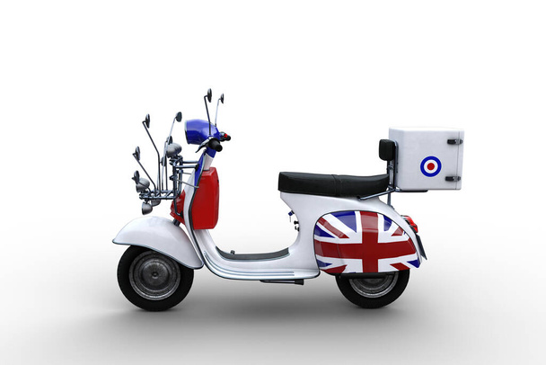 Scooter de motor blanco con múltiples espejos de ala y bandera jack unión como montado por mods. Ilustración 3D aislada sobre fondo blanco. - Foto, imagen