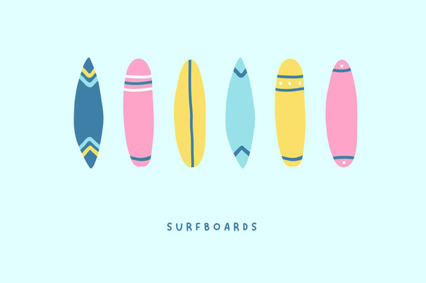 Zestaw ładny ręcznie rysowane ikony desek surfingowych. Ilustracja wektora w stylu płaskiej kreskówki - Wektor, obraz