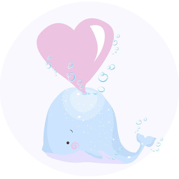       Cute whale with heart drawn vector illustration. Can be used for baby t-shirt print, fashion print design, kids wear, baby shower celebration greeting and invitation card. - Вектор, зображення