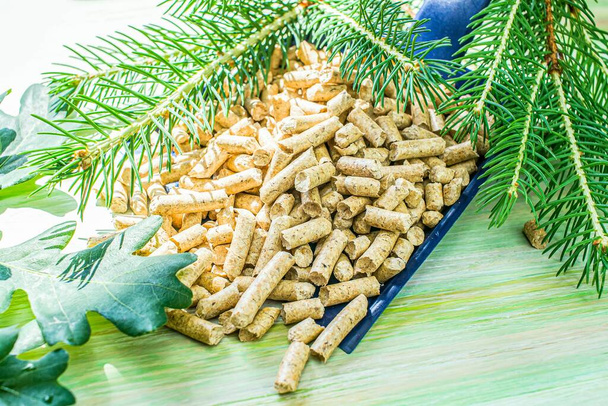 Wooden pellets on a green background. Biofuels or animal toilets - Foto, afbeelding