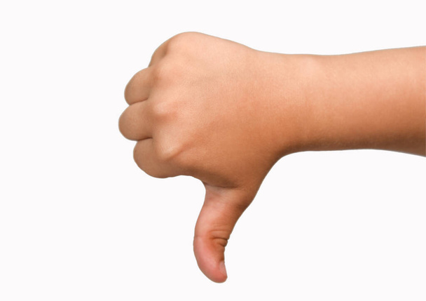 Mano de los niños mostrando gesto de aversión, aislado, fondo blanco. - Foto, Imagen