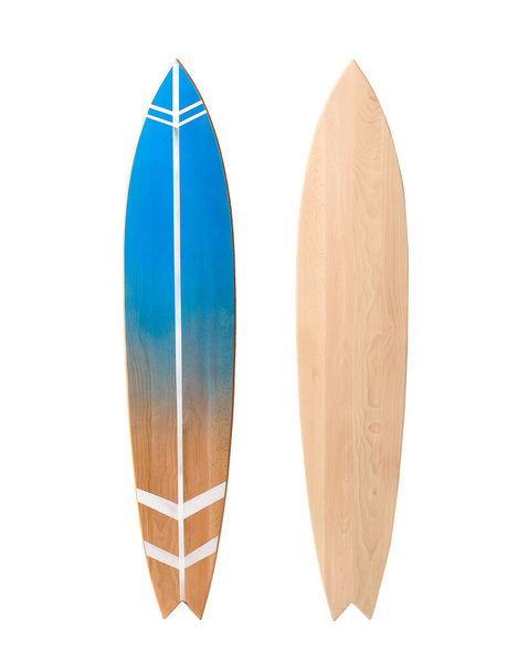 Vue différente de la planche de surf en bois sur fond blanc - Photo, image