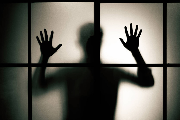 silueta muže stojícího za matnými skleněnými dveřmi - Fotografie, Obrázek