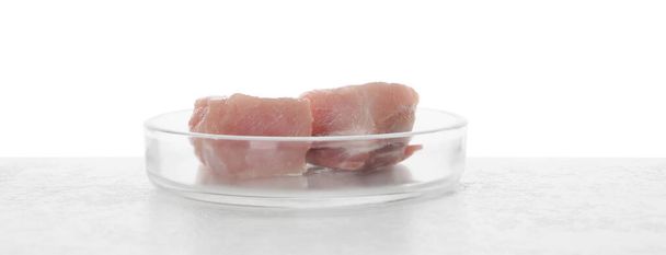 Petri dish with pieces of raw cultured meat on table against white background - Foto, immagini