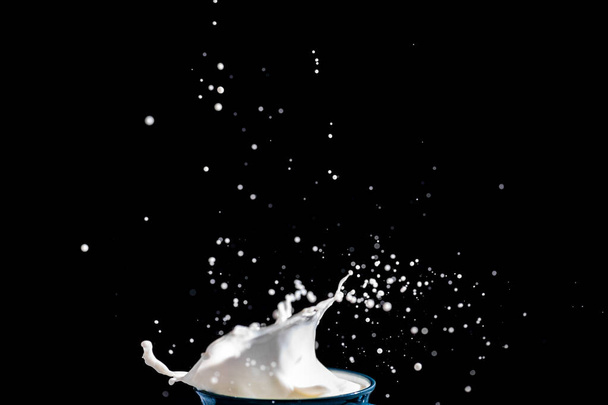 Splash of milk on black background. Dairy concept. Milk splashes isolated on black. Vegan non dairy, alternative lactose free milk concept - Photo, Image