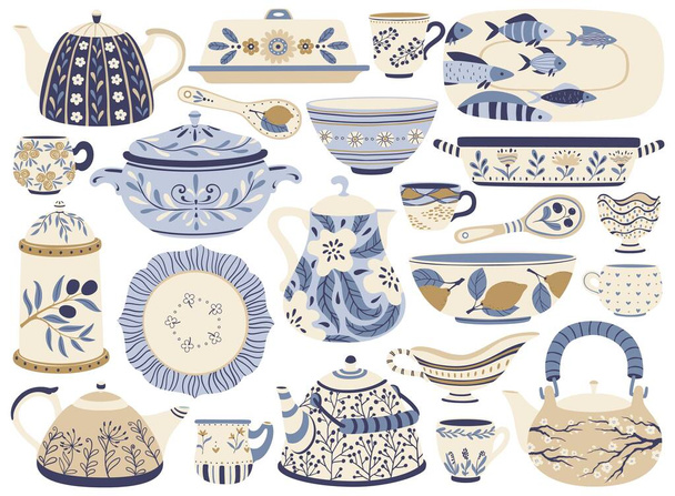 Ceramic pottery. Porcelain teapots, kettles, cups, mugs, bowls, plates, jugs. Faience kitchen crockery or tableware with decorations vector set - Вектор,изображение