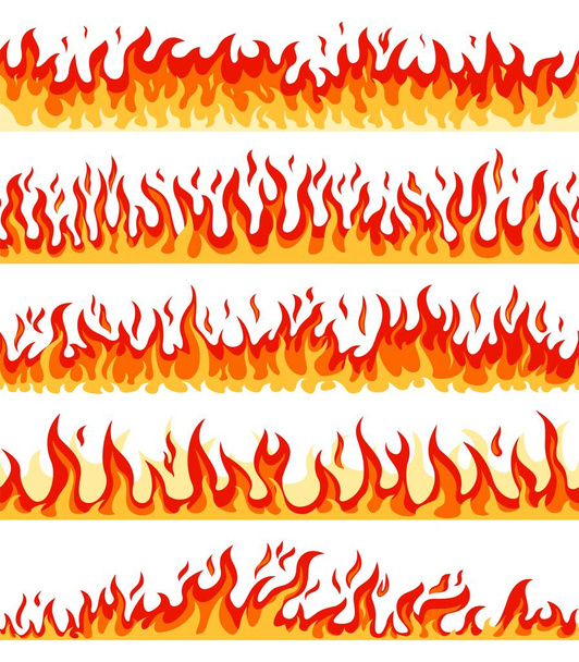 Bordo fiamma cartone animato. Fiamme roventi rosse o arancioni, incendi ardenti, incendi boschivi. Set vettoriale di bordi fiammeggianti orizzontali senza soluzione di continuità - Vettoriali, immagini