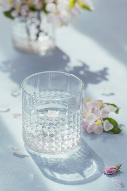 Glass of pure water on the table with blossoming apple tree branch in a glass. Morning sunshine mood - Photo, Image