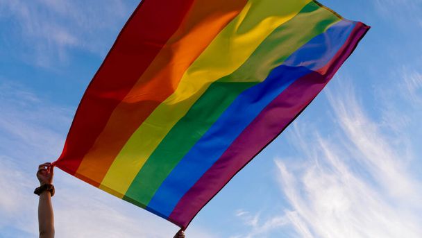 Persona con bandera LGBT en el fondo del cielo - Foto, Imagen
