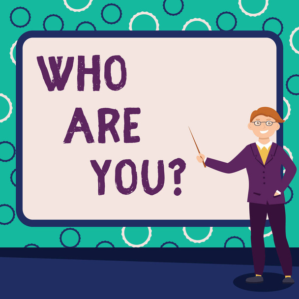 Sign displaying Who Are You Question. Concept meaning asking an individual identity or an individualal information Abstract Professor Giving Lectures, Explaining And Reporting Concept - Zdjęcie, obraz