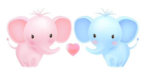 Симпатичні маленькі слони, рожеві і сині. Смішні близнюки, дівчинка і хлопчик. Вітальна листівка для дитячого душу. Векторні ілюстрації
. - Вектор, зображення