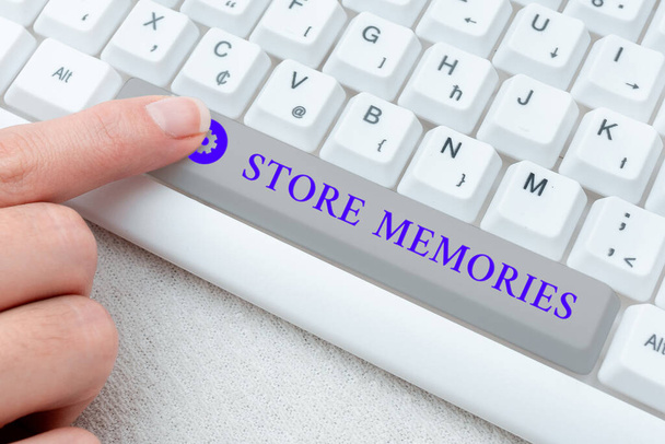 Text sign showing Store Memories. Business overview a process of inputting and storing data previously acquired Abstract Typing Presentation Message, Retyping New Email Password - Zdjęcie, obraz