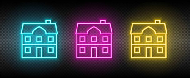 Immobilienvektorgebäude, Stadt, Haus. Illustration neonblau, gelb, rotes Symbolset. - Vektor, Bild