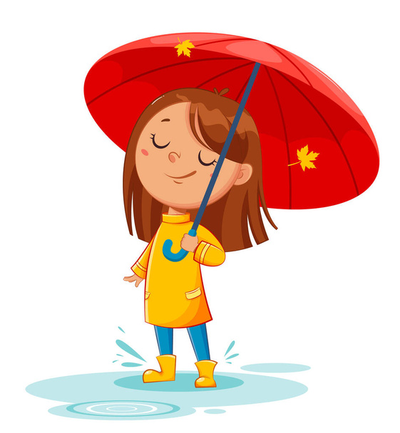 Joyeux enfant drôle dans des bottes en caoutchouc debout sous le parapluie, automne pluvieux. Joyeux personnage de dessin animé fille. Illustration vectorielle de stock - Vecteur, image
