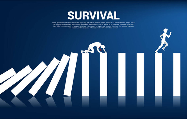 Silhouette of businessman crawl on domino collapse. Concept of business industry disrupt. - Vector, Image
