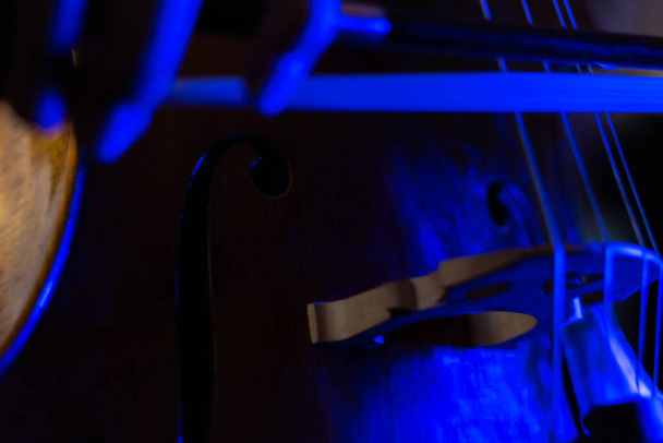 Bir çello köprüsünün sanatsal fotoğrafı. Müzikal yayla oynarken seçici odak ve yoğun mavi ışık. - Fotoğraf, Görsel