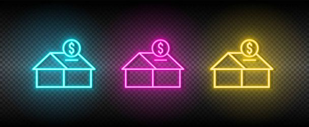 Real estate vector house, money, bank. Illustration neon blue, yellow, red icon set. - Vector, Image